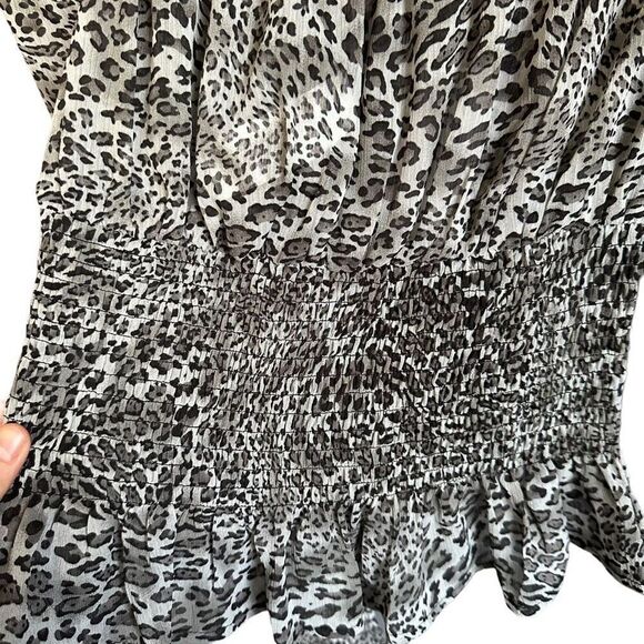 NWT HYFVE Leopard Print Puff Sleeve Smocked Ruffle Peplum Hem Blouse - Picture 4 of 12